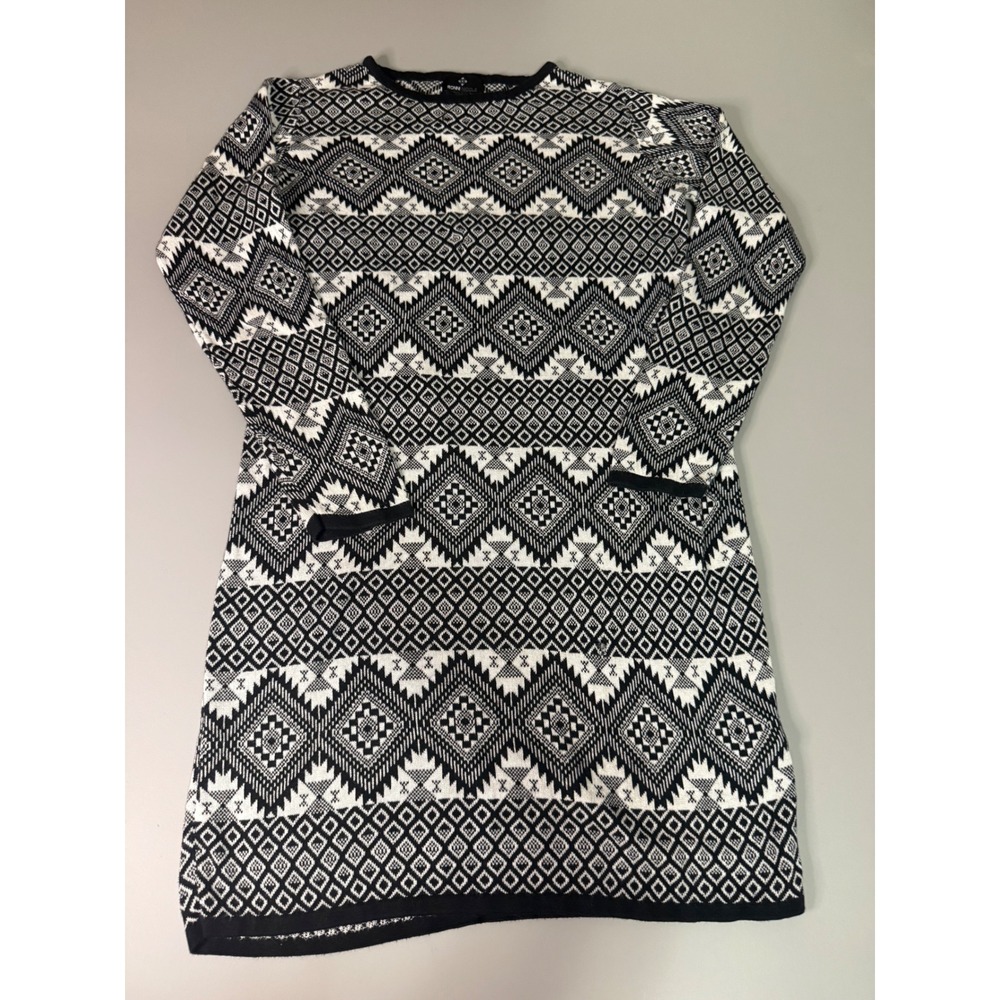 Ronni Nicole Women XL Black White Geometric Tribal Knit Sweater Dress Long sl